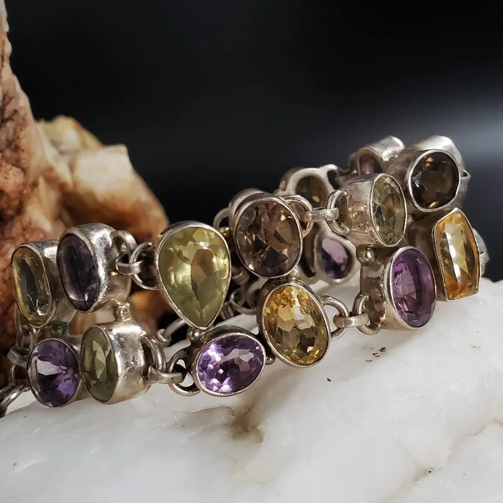 Heavy Sterling Silver Bracelet 925 Genuine Gem Amethyst Citrine Chocolate Topaz